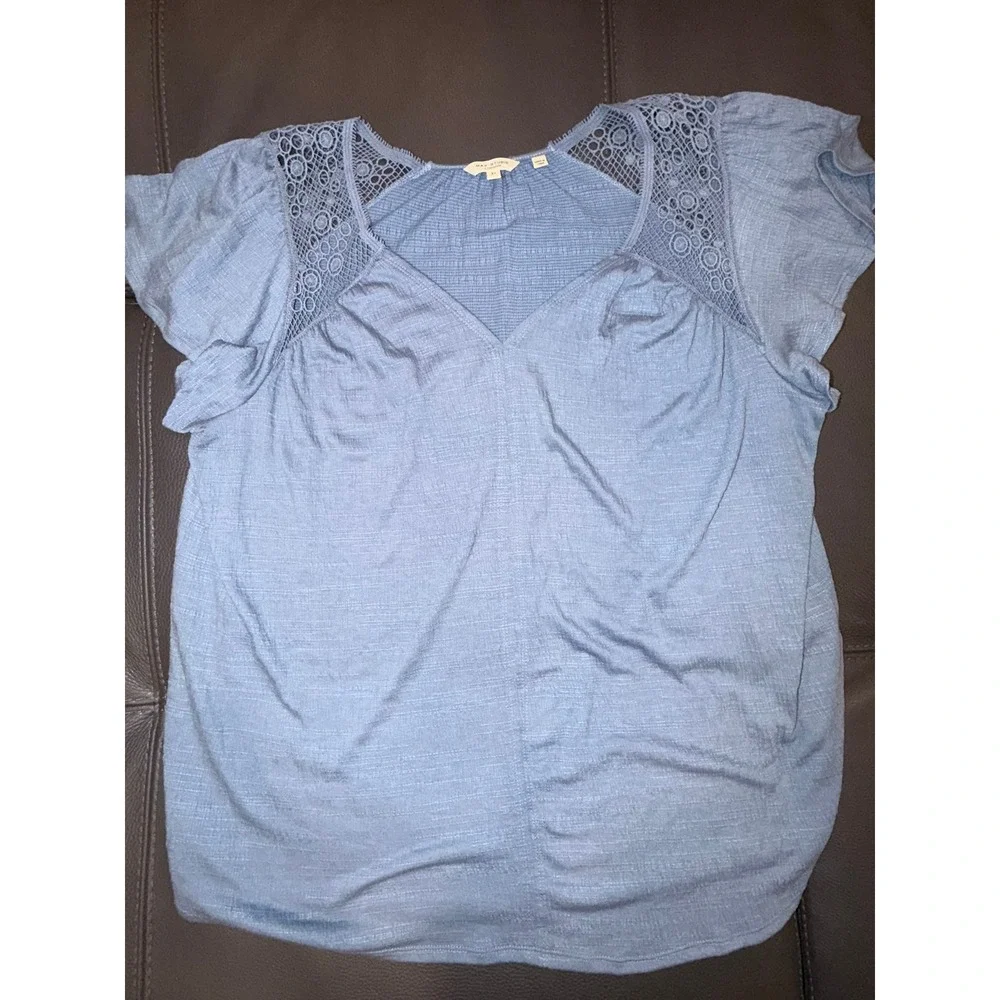 Max Studio London V-Neck Crochet Lace Blue Top Women 3X